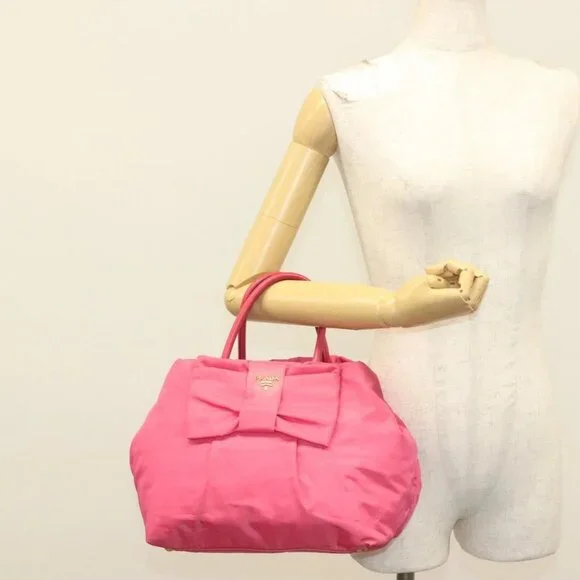 PRADA Hand Bag Nylon Pink Gold Auth